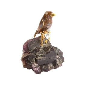 14k Gold Mounted Agate Bird on Carved Amethyst Rock
