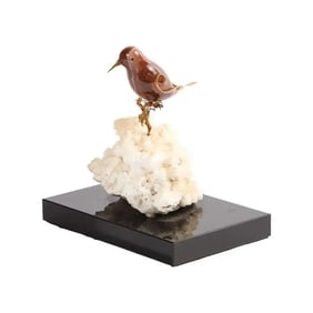14k Gold Mounted Jasper Bird on White Calcite Stone, Mounted on Black Glass