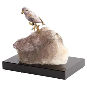 14k Gold Mounted Agate Bird on Fluorite Stone, Mounted on Black Glass