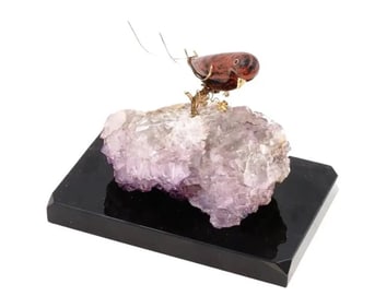Vintage Jasper Bird With Gold Mounts On Amethyst Base