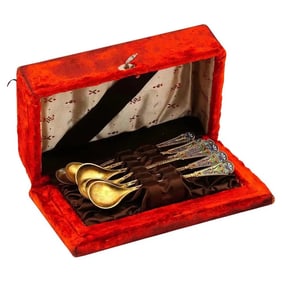 Gilt Sterling Silver And Enamel Spoon Set Iob