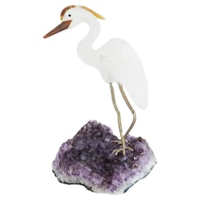 Rock Crystal And Agate Bird Sculpture On Amethyst Base