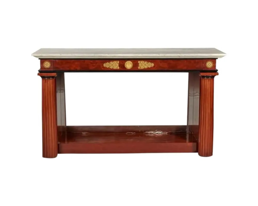 Russian Empire Ormolu-Mounted Mahogany Console Table Cupboard, circa 1825: A French empire ormolu-mounted mahogany console table cupboard, Circa 1825.With a white marble top and mirrored glass back. Very nice quality and delicate French bronze mounts.Measures: 41? high x 72?
