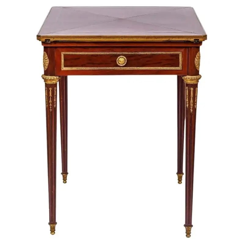French Antique Ormolu-Mounted Mahogany Envelope Games Card Table, C. 1870: A French Antique Ormolu-Mounted mahogany envelope games card table, C. 1870, attributed to Henry Dasson. A very elegant and high quality, French Louis XVI style, mahogany and bronze mounted games tabl
