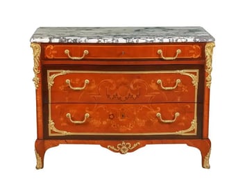 Exquisite French Ormolu-Mounted Mahogany Parquetry Marble-Top Commode C. 1870
