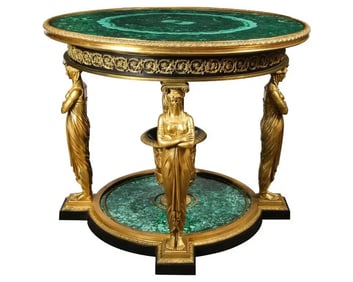 Impressive Empire Style Malachite and Ormolu Center Table After Desmalter