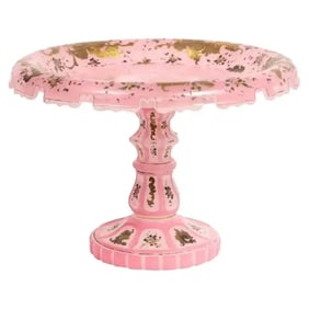 Exceptional Quality Pink Triple Overlay Enameled Bohemian Glass Cake Stand