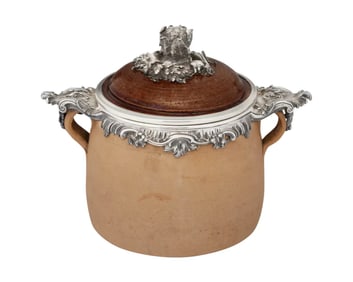 French Silver Mounted Two-Handled Earthenware Soup Crock Pot, Mark of Boin-Tab