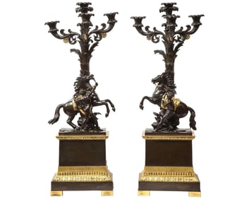 Large Pair of French Restauration Ormolu and Patinated Bronze Candelabra, Horses