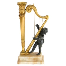 Antique French Manner Cherub Harp Bronze Lamp Base