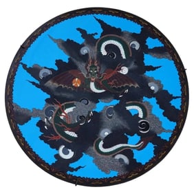 Large 18 Inch Antique Japanese Cloisonne Enamel Silver Wire Dragon Charger Plate