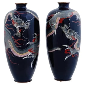 Pair Of Meiji Japanese Cloisonne Dragons Silver Wire Enamel Vases
