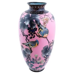 Large Antique Meiji Japanese Cloisonne Enamel Pink Vase W Birds