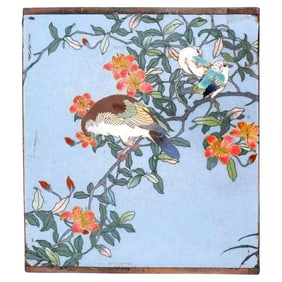 Japanese Cloisonne Enamel Plaque Depicting Birds And Flowers