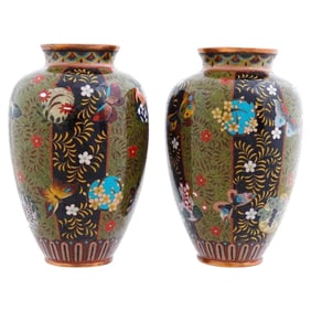 Pair Of Meiji Antique Japanese Cloisonne Enamel Butterfly Vases
