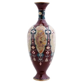 Antique Japanese Cloisonne Enamel Vase Dragon Phoenix Birds Pink And Red