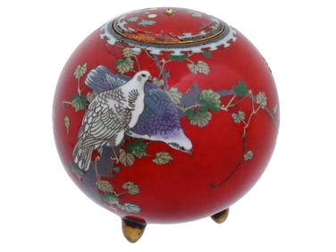 Rare Japanese Red Birds Cloisonne Enamel Censer Koro