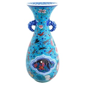 Japanese Cloisonne Enamel Porcelain Vase W Handles