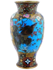 Large Meiji Japanese Cloisonne Enamel Eagle Floral Design Yellow Vase