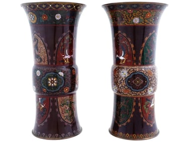 Pair Of Japanese Cloisonne Enamel Trumpet Vases Dragons Attributed To Honda