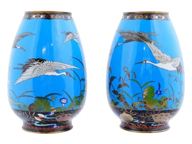 Pair Of Antique Meiji Japanese Cloisonne Enamel Vases Cranes In Flight