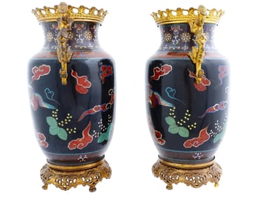 A Pair Antique Meiji Japanese Cloisonne Enamel Ormolu Bronze Mounted Vases