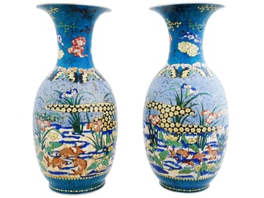 Large Pair of Japanese Cloisonne Enamel On Porcelain Totai Vases Fish Swimming