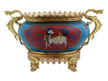 Antique Meiji Japanese Cloisonne Enamel Jardiniere Mounted In Bronze Dragons