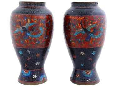 Antique Pair Of Early Meiji Japanese Cloisonne Enamel Vases Namikawa School