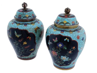 Pair Of Antique Early Meiji Japanese Cloisonne Enamel Covered Jars