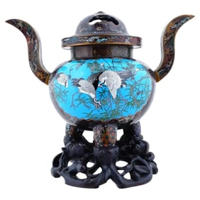 Large Antique Japanese Cloisonne Enamel Censer Koro W Stand Attributed To GOTO