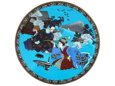 Rare Antique Meiji Japanese Cloisonne Enamel Charger With Figures 12 Inches