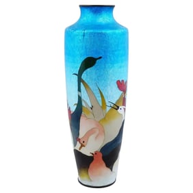 Rare Large Japanese Cloisonne Ginbari And Enamel Vase Cranes And Roosters Blue