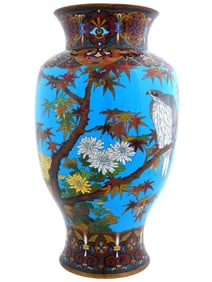 Antique Large Meiji Japanese Cloisonne Enamel Hawk Floral Vase