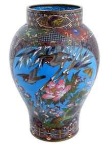 Large Antique Meiji Japanese Cloisonne Enamel Floral Vase