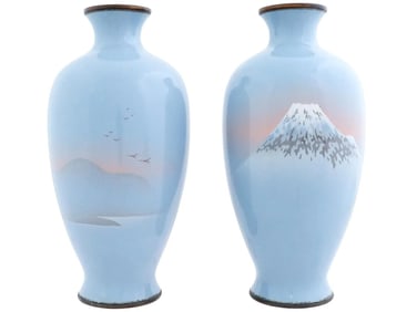 Large Pair Of Meiji Japanese Cloisonne Enamel Wireless Vases Mt Fuji Sun Set