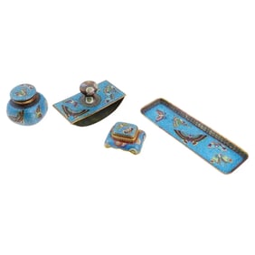 Japanese Cloisonne Enamel Four Piece Writing Desk Set With Butterflies