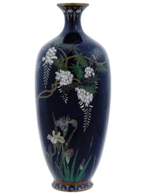 Antique Meiji Japanese Cloisonne Enamel Vase Wisteria Attributed To OTA Silver