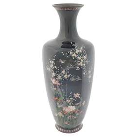 Large Antique Meiji Japanese Cloisonne Enamel Vase Birds Flying In Garden