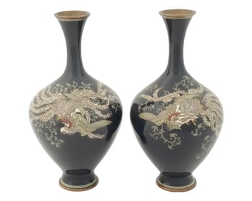 Large Pair of Antique Meiji Japanese Cloisonne Enamel Vases Birds of Paradise