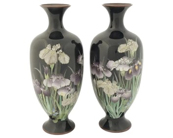 A Pair of Large Meiji Japanese Cloisonne Enamel Vases with Iris's