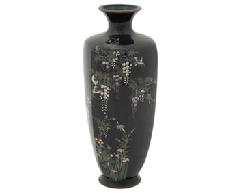 High Quality Antique Meiji Era Japanese Cloisonne Enamel Wisteria and Bird Vase