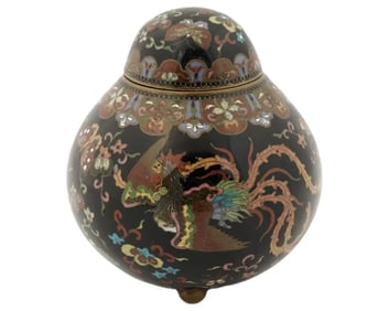 Antique Japanese Cloisonne Gold Stone Ginger Jar Butterflies and Phoenix Birds