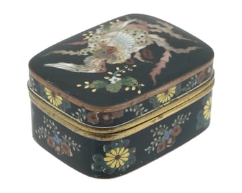 Antique Japanese Cloisonne Meiji Enameled Kogo Incense Box with Ho Ho Bird