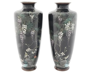 Pair of Antique Meiji Japanese Cloisonne Enamel Vases Blossoming Wisteria and Bi