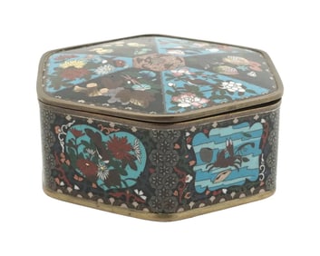 Large Meiji Japanese Cloisonne Enamel Box with Fruits, Sea Life, Birds and Insec