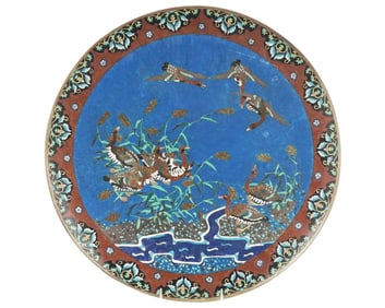 18" Large Meiji Japanese Cloisonne Enamel Charger Flying Geese