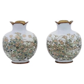 A Rare Pair of Meiji Japanese Cloisonne Silver Wire Vases with Dandelions