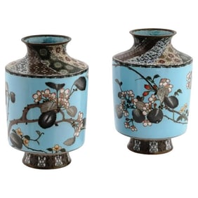 A Pair of Meiji Era Japanese Cloisonne Enamel Cherry Blossom and Geometric Patte