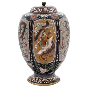 A Japanese Meiji Era Cloisonne Enamel Dragons and Ho Ho Bird Lobed Lidded Jar